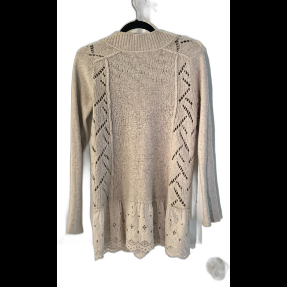 FREE PEOPLE Wool Eyelet Lace Ruffle Button Cardigan Womens S? Beige Boho Cottage - Picture 2 of 8
